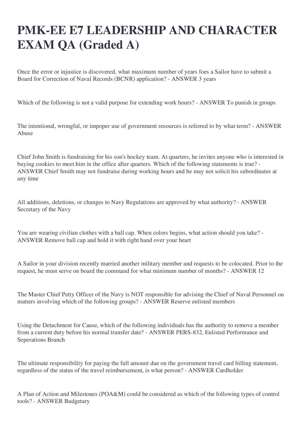 Preview image for PMK-EE E7 LEADERSHIP AND CHARACTER EXAM QA (Graded A)